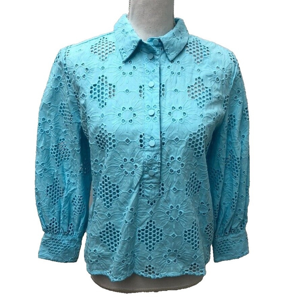 J Crew Eyelet Popover Blouse Top Womens Small Blue 3/4 Sleeve Cottage Girly